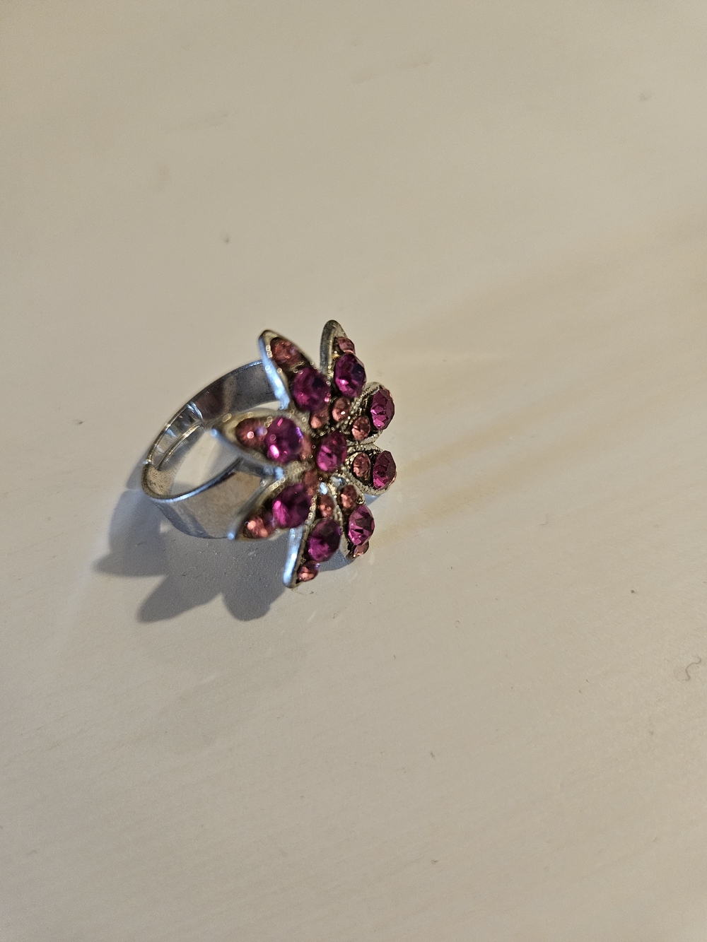 Silver-Tone Ring with Pink Crystal Flower